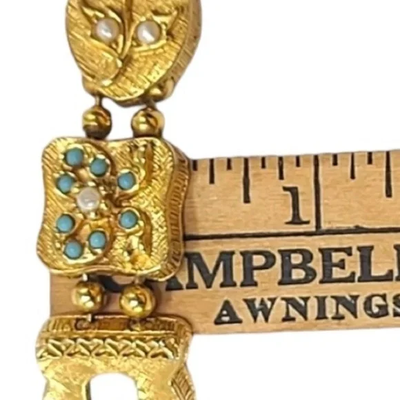 Vintage 60s Gold Tone Slide Carm Bracelet Faux Turquoise & Pearl Victorian - Picture 6 of 6